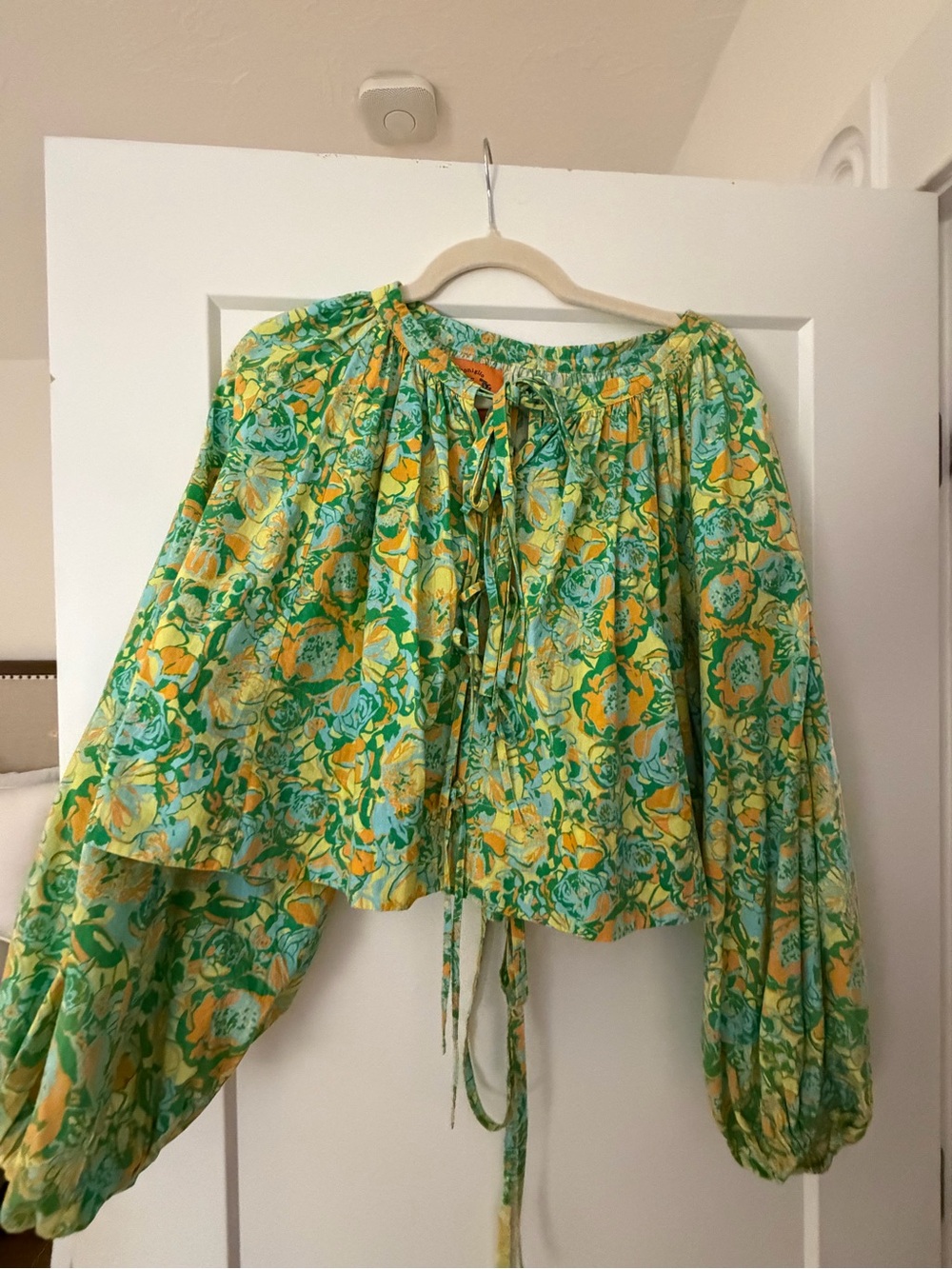 Floral Tie-Front Peasant Blouse in Green and Yellow